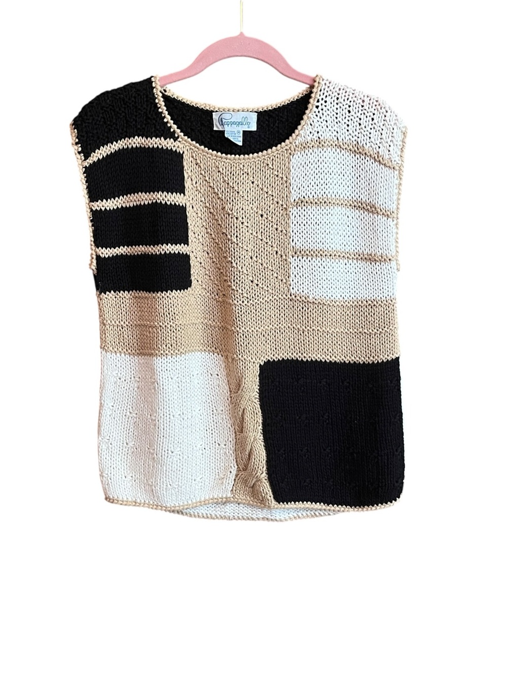 Vintage Pappagallo Colorblock Sleeveless Knit Sweater Vest - Tan/Black/White